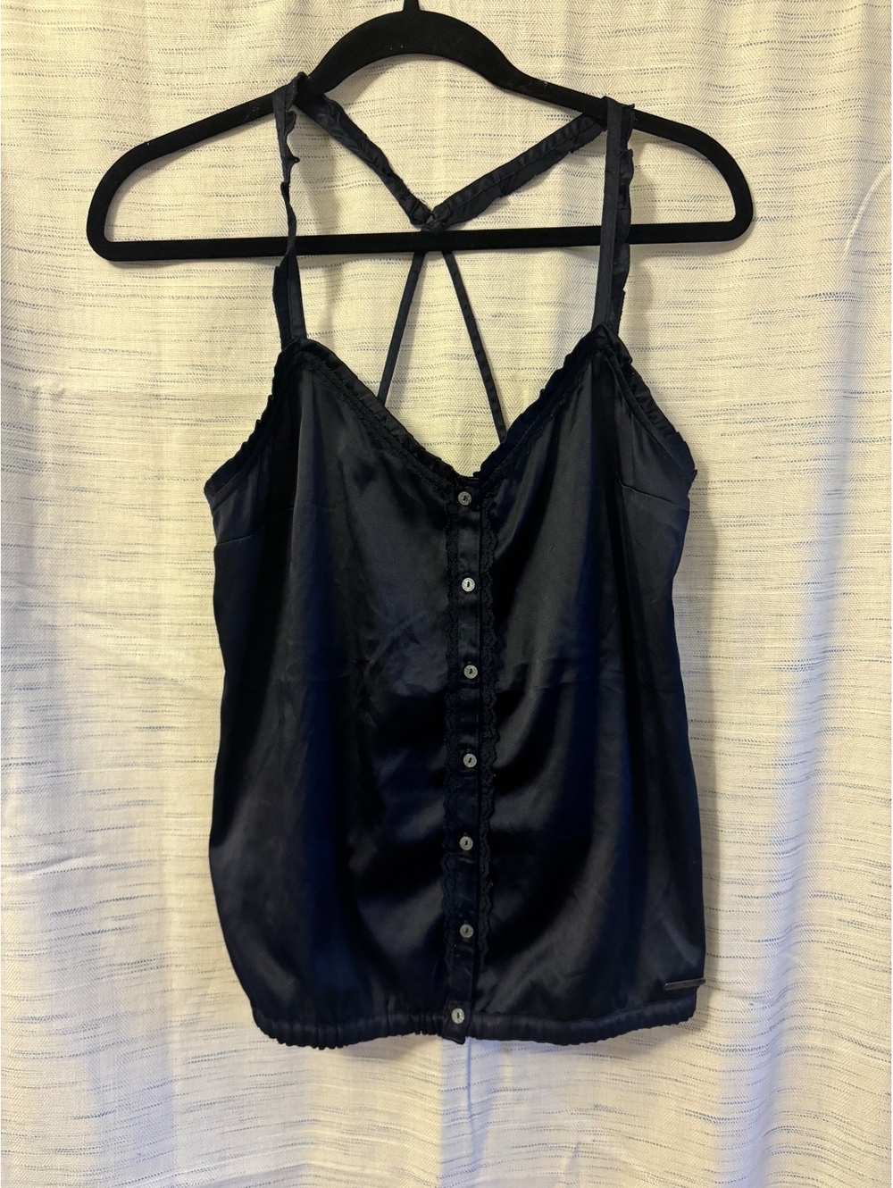 Abercrombie & Fitch Black Satin Button-Up Camisole Top, Size Large